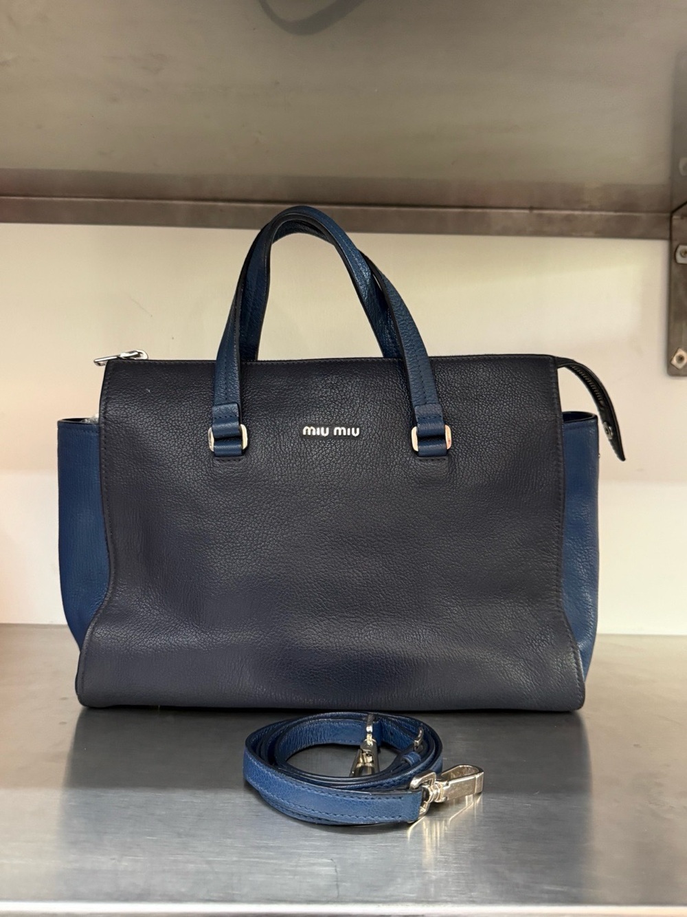 Miu Miu Navy and Deep Blue Leather Satchel with Detachable Strap